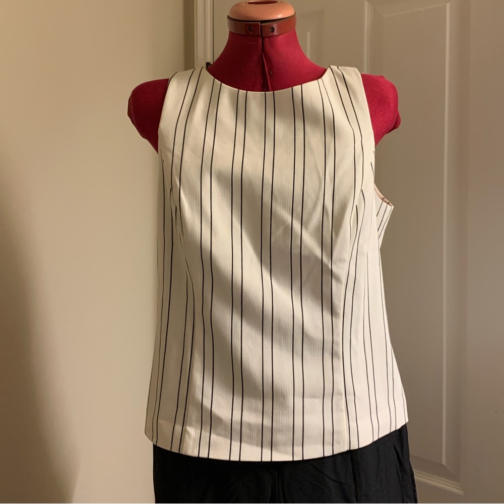 WHBM bodice sleeveless top shell white with black pinstripes V neck size 12